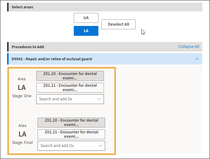 Select areas with a yellow highlight box around LA Stage diagnosis selections.